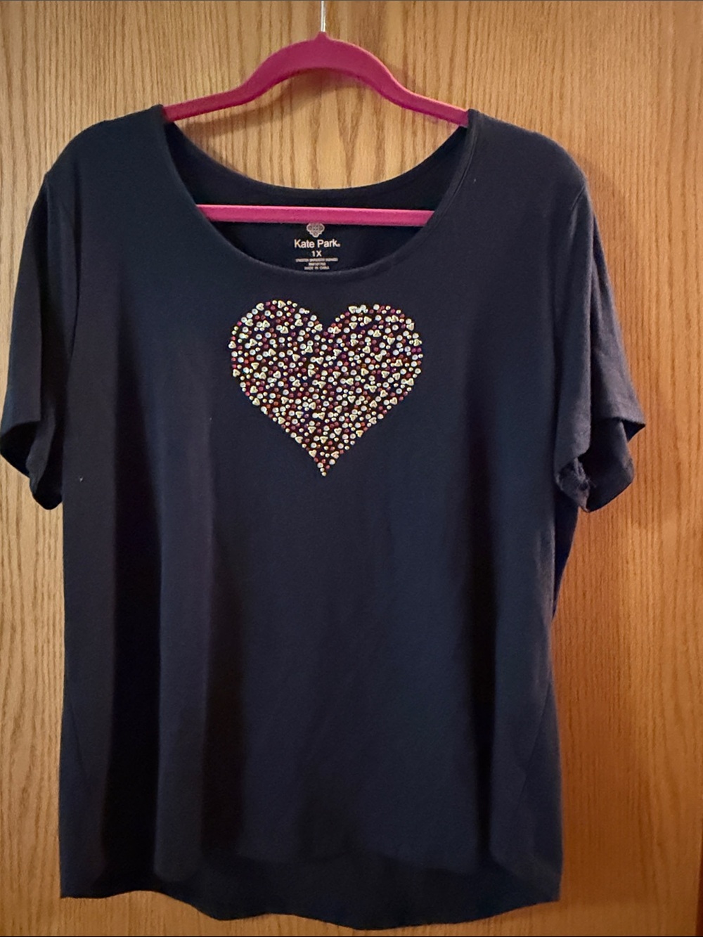 Kate Park Black Short-Sleeve Tee with Heart Rhinestone Detail
